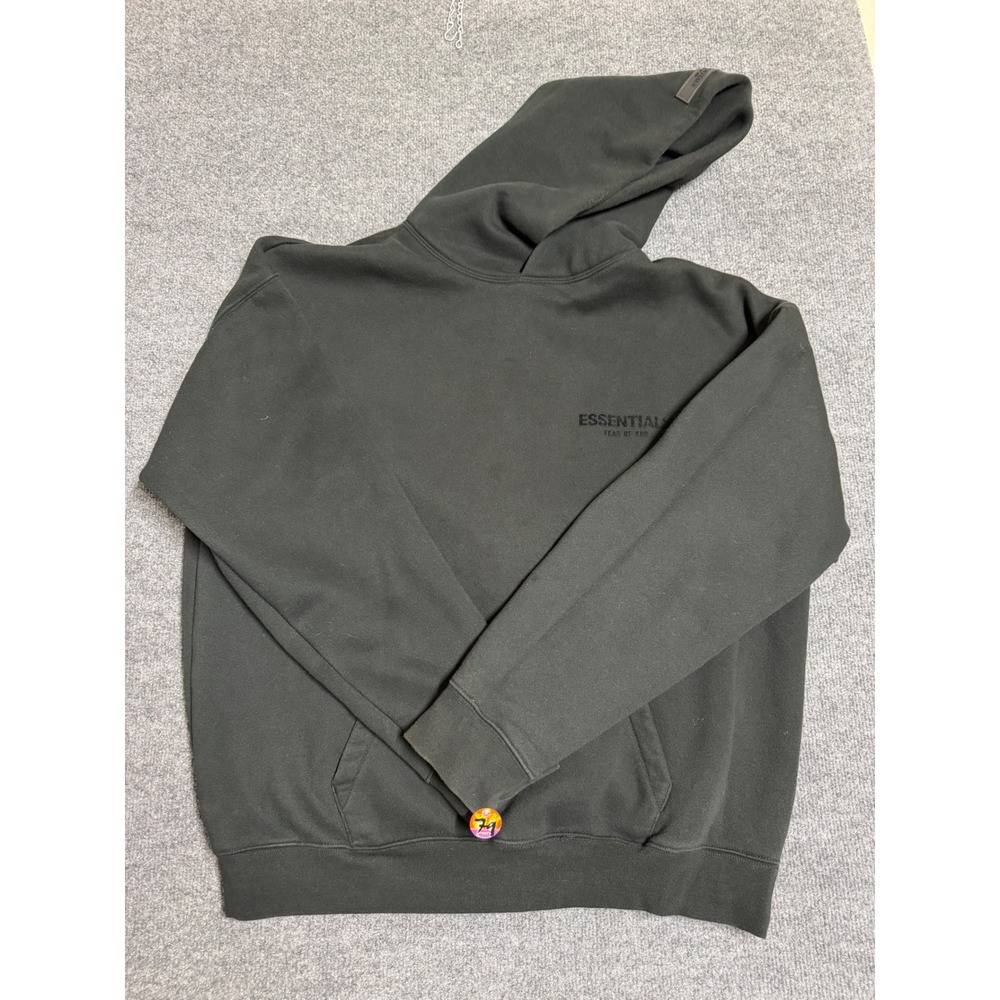 ESSENTIALS Men's Black Fleece Pullover Hoodie Logo Pockets Size L